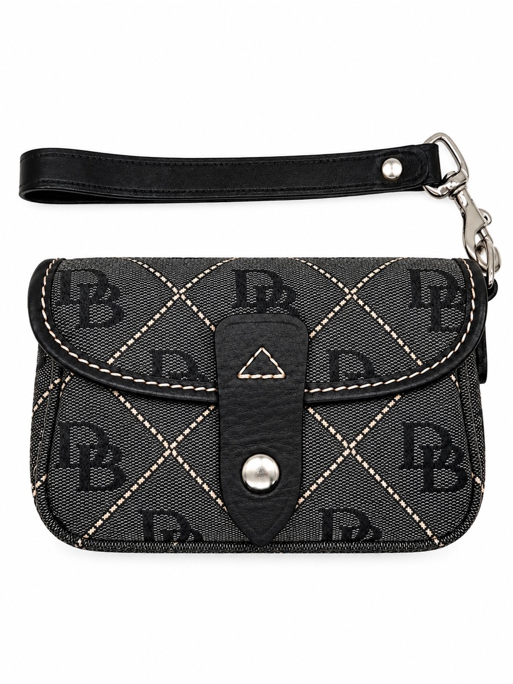 Dooney & Bourke Gray & Black Signature Monogram Jacquard Flap Wristlet Y2K